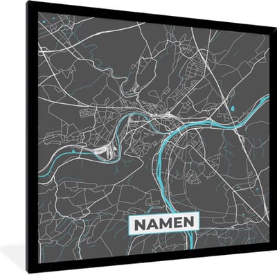 Fotolijst incl. Poster - Kaart – Plattegrond – Stadskaart – Namen – België - Grijs - 40x40 cm - Posterlijst