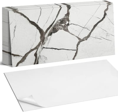Coloray Plaktegels - Marmerpatroon met aderen Zelfklevende Wandtegels - 40 cm x 20 cm - Wit Plaktegels - 10 stuks - Rechthoek PVC Tegels - Plaktegels Badkamer - Vloertegels Zelfklevend - Vinyl Tegels - Portugese Tegels