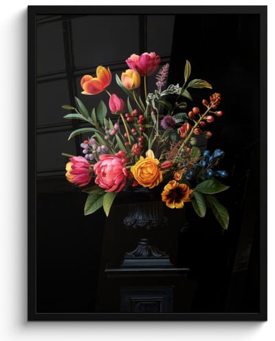Poster in lijst - Fotolijst 50x70 cm - Posters - Tulpen - Bessen - Boeket - Vaas - Posterlijst zwart - Decoratie - Wanddecoratie woonkamer - Muurdecoratie slaapkamer