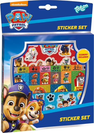 PAW Patrol Stickers 3 stickervellen en speelachtergrond Totum stickerset speelgoed meisjes en jongens vanaf 3 jaar - knutselen