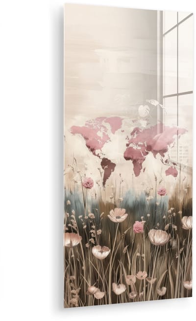 MuchoWow® Glasschilderij 40x80 cm - Schilderij acrylglas - Wereldkaart - Roze - Bloemen - Foto op glas - Muurdecoratie woonkamer - Wanddecoratie slaapkamer - Schilderijen