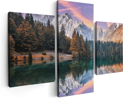 Artaza Canvas Schilderij Drieluik Meer Met Weerspiegeling Van De Bergen - 90x60 - Foto Op Canvas - Canvas Print