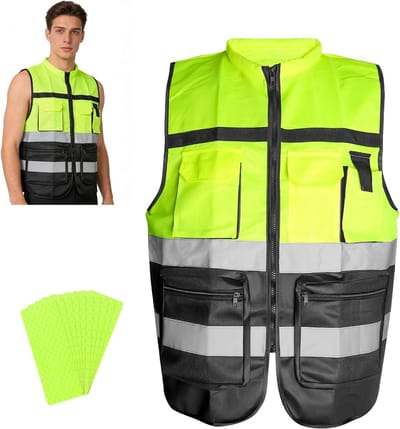 Reflecterend Veiligheidsvest voor Mannen en Vrouwen, Hoogzichtbaar Fietsvest met Rits en Zakjes, Ideaal voor Verkeer en Bouwplaatsen, Neon Geel/Groen