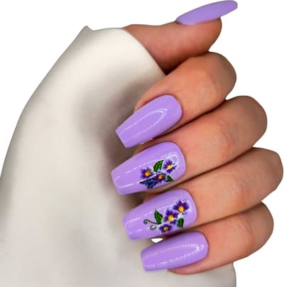 SD Press on Nails - B-95 - Plaknagels - Gelnagels - Handgemaakt - 20 stuks - Lila Paars met bloemen - Medium Coffin Nagelset - Nepnagels