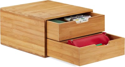 SnelShoppen - Bamboe Bureau Organizer met Ladekastje, Natuurlijke Look, Opbergkastje voor Kantoor, 18 x 30 x 31 cm, Perfect voor Thuiswerkplek en Stud
