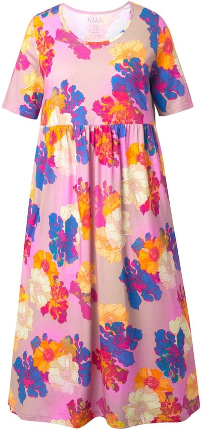 Ulla Popken - Dames - Maxi-jurk bloemen A-lijn ronde hals korte mouwen zakken - Lichtroze - Maat 46+