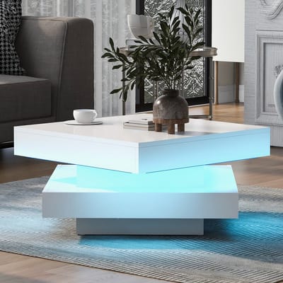 Sweiko Witte vierkante Salontafel, hoogglans, 360°draaiend aanrecht, moderne technologische stijl, met 16-kleur LED verlichting, 70x70x36cm