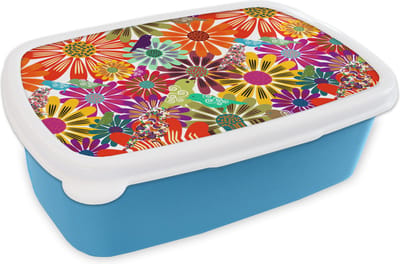 Broodtrommel Blauw - Lunchbox - Brooddoos - Regenboog - Bloemen - Patronen - Hippie - 18x12x6 cm - Kinderen - Jongen