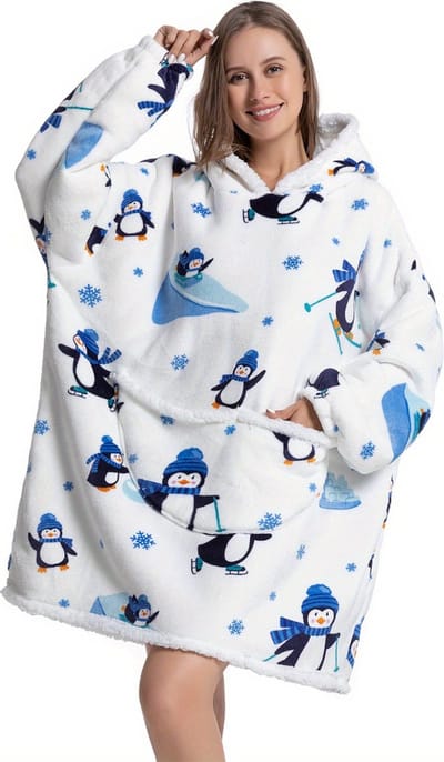 Livano Hoodie Deken Met Mouwen - Plaid - Knuffeldeken - Onesie - Fleece Blanket - Dames - Heren - Kinderen - Extra Zacht & Warm - Pinguin