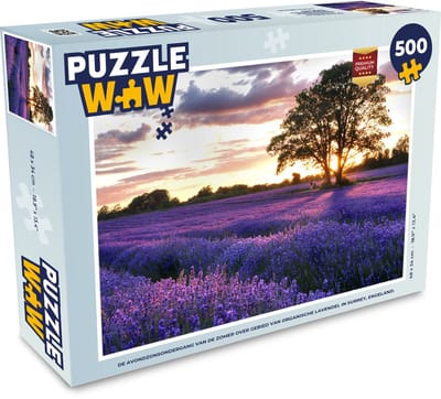 Puzzel De avondzonsondergang van de zomer over gebied van organische lavendel in Surrey, Engeland. - Legpuzzel - Puzzel 500 stukjes