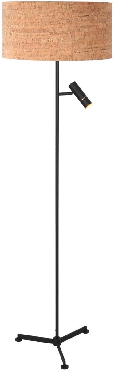Vloerlamp Stang 4833ZW van Steinhauer met kantelbaar leeslicht, beige kurk kap, zwart 3-poots armatuur, 145 cm hoog, ideaal voor binnengebruik