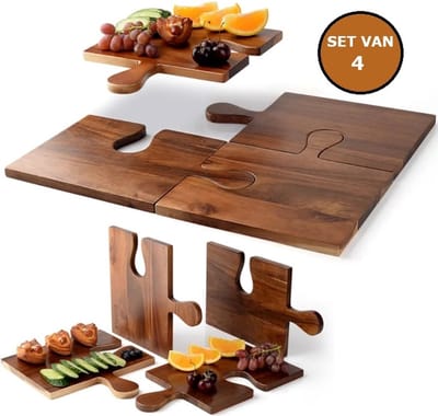 Borrelplank Set van 4 – Tapasplank Puzzelvorm – Serveerplank Acaciahout – Luxe Borrelplanken