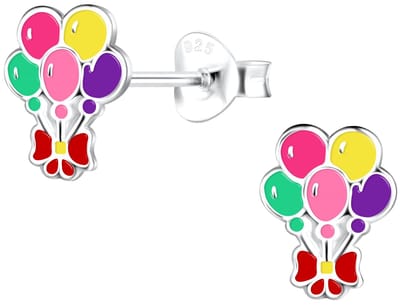 Joy|S - Zilveren ballon oorbellen - multicolor - rood strikje - 7 x 9 mm - feest oorknoppen - kinderoorbellen