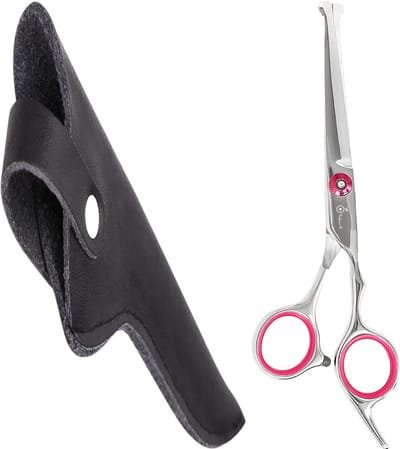 Professor Q – Uitdunschaar / Contourschaar – Professionele Hondenschaar – Roze – Voor Vachtverzorging & Trimmen – Inclusief Luxe Lederen Etui – 16,5 cm