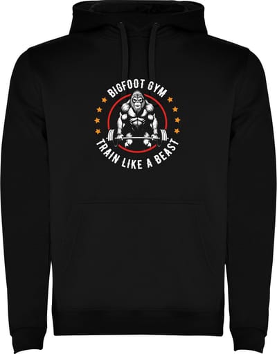 Zwarte unisex hoodie met “ Kleurrijke Big Foot Gym Train like a beast – Train als een beest – Bodybuilden – Dumbell - Sport – Humor – Zet Door – Niet opgeven “ Print Full Color merk Roly maat XL