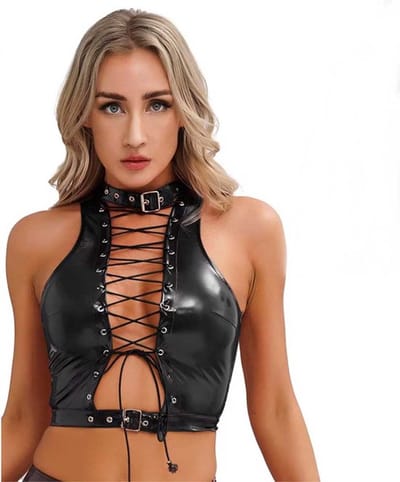 Erotische top open hollow out - PU Leder BDSM - Latex Wetlook kleren - Open borst met veters - Halsband sluiting - Sexy vrouwen kleding - RedParrot