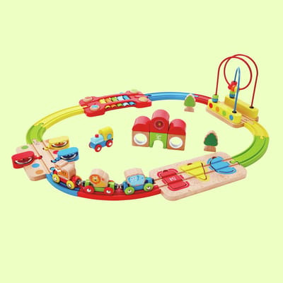 Hape Regenboog Puzzel Treinset – Houten Treinbaan met Xylofoon en Tamboerijn, 30 delig, 18M+