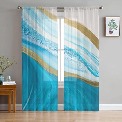 Luxe Tule Gordijnen Teal Verloop Marmerpatroon Woonkamer Keuken Chiffon Gordijn Jeugdkamer Transparant Vloer Valgordijn 135W x 114H(cm)