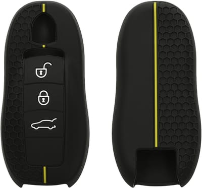 kwmobile autosleutel hoesje geschikt voor Porsche 3-knops autosleutel (alleen Keyless) hoes - Siliconen autosleutel behuizing - Auto sleutel case met honingraat - Sleuteletui in zwart / geel