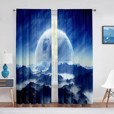 Fantasy Planeet Wolk Lucht Berg Blauwe Maan Transparant Gordijn voor Woonkamer Keuken Slaapkamer Raam Chiffon Tule Voile Gordijnen 1 PCS W100XH250cm&Grommet Top