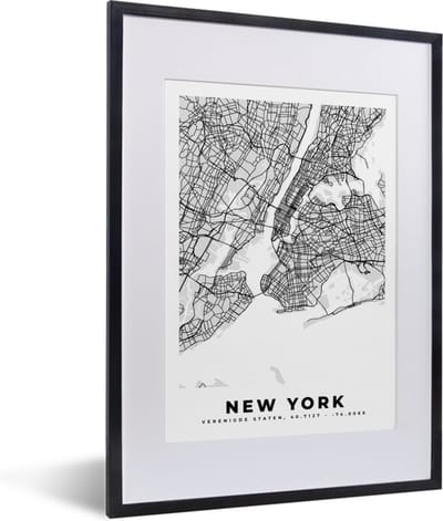 Fotolijst incl. Poster Zwart Wit- New York - Stadskaart - Zwart Wit - Plattegrond - Kaart - 30x40 cm - Posterlijst