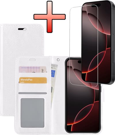 Hoesje - Met Screenprotector - Geschikt voor Apple iPhone 16 Pro - Luxe Pasjeshouder - Bookcase Portemonee - Flip Case - Kunstleer Book Case - Flipcase - Book Cover - Walletcase - Portemonneehoes - Wit