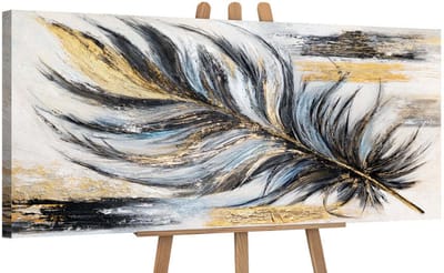 Canvas schilderij panoramisch 115x50 handgeschilderd gouden veer abstract luxe – YS-Art Gallery – Elegante wanddecoratie voor woonkamer – Modern schilderij voor hal