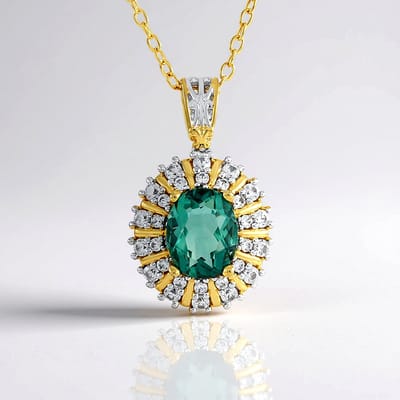 Cavill - Zilveren ketting 18K Goud verguld - Groene Fluoriet ovaal 2,925 ct - 28 Cambodjaanse zirkonia totaal 3,857 ct - Elegant verstelbaar