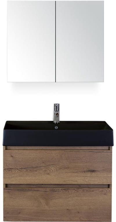 Maxx XL Badmeubelset 80 cm - Tabacco - Wastafel Kube Zwart 1 Kraangat met Spiegelkast