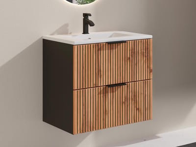 Vente-unique Hangmeubel voor badkamer met inbouwwastafel - Licht naturel en zwart - 60 cm - MADELA