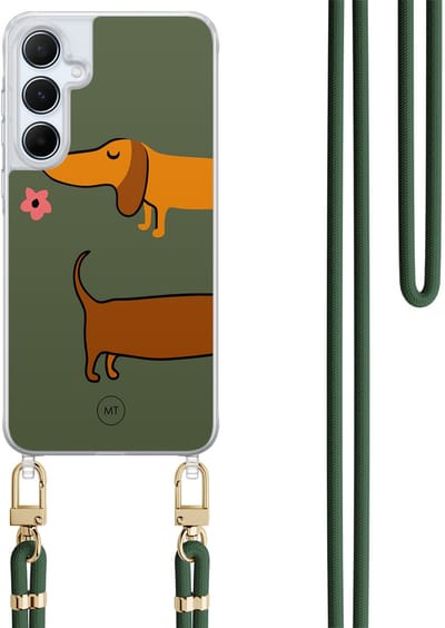 Hoesje met koord geschikt voor Samsung Galaxy A55 - Sausage stroll - Inclusief Groen koord - Crossbody beschermhoes - Transparant, Bruin, Groen - Mooie Telefoonhoesjes