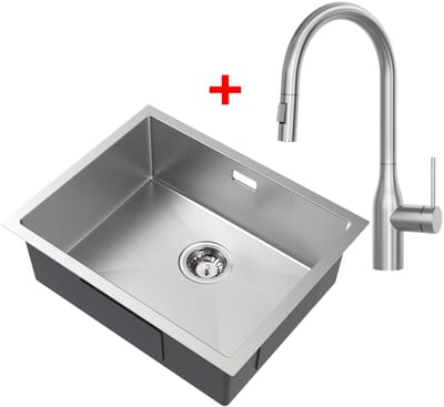 Auralum Max Spoelbak voor keuken 55x44cm - Spoelbak Keuken Met Uittrekbare Uitloop Keukenkraan - Spoelbakken met sifon en overloopset - Enkele spoelbakken - RVS