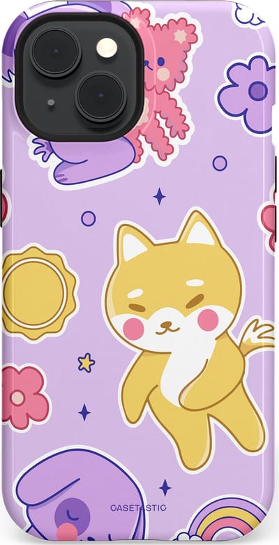 Casetastic hoesje geschikt voor Apple iPhone 15 - MagSafe - Dubbellaagse bescherming - Knuffelvriendjes - Fashion Case - Lichtroze Lila Goud