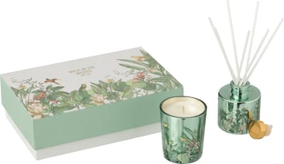 J-Line geschenkset geurkaars + geurstokjes Walk In The Woods - Evergreen & Silver birch - groen