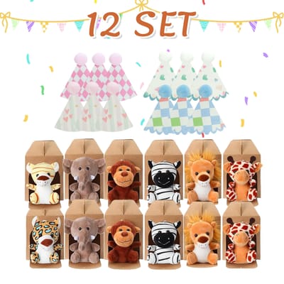 12-20PCS Mini Animaux en Peluche Safari Ensemble d'Animaux de la Jungle Peluches avec Chapeaux d'Anniversaire Boîtes en Papier pour Cadeaux de Fête Baby Shower Assembly is required beige