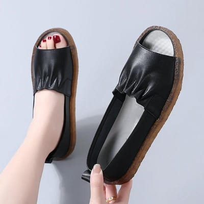 Sandales en cuir souple pour femmes Oxford fond souple antidérapant bouche de poisson conception creuse chaussures en cuir à semelle plate chaussures de travail style simple et décontracté 40 noir