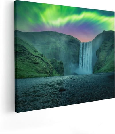 Artaza Canvas Schilderij Noorderlicht - 50x40 cm - Wanddecoratie Waterval - Muurdecoratie Bergen - Schilderijen Op Canvas