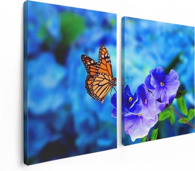 Artaza Canvas Schilderij Tweeluik Oranje Vlinder Bij Paarse Bloemen - 120x80 - Foto Op Canvas - Canvas Print