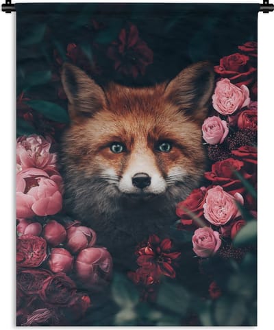 Wandkleed - Wanddoek - Vos - Bloemen - Botanisch - Dieren - 90x120 cm - Wandtapijt