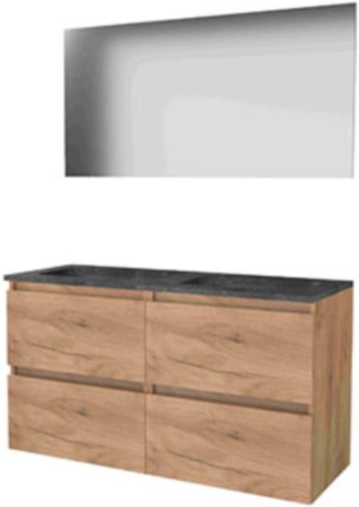 Basic-Line Basic 46 Badkamermeubelset - 120 x 46 cm - Greeploos - 4 Lades - Hardstenen Wastafel - 2 Kraangaten - Spiegel - Whisky Oak