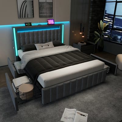 VVBV Gestoffeerd Opbergbed met Opbergruimte 160x200 cm - 4 Lades, LED-Verlichting, USB - Hout Grijs - Zonder Matras