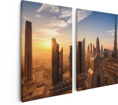 Artaza Canvas Schilderij Tweeluik Dubai Stad bij Zonsopgang - 80x60 - Foto Op Canvas - Canvas Print