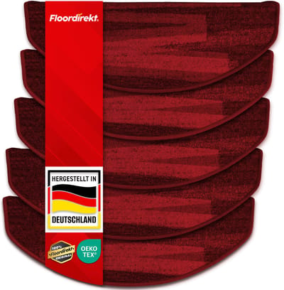 FLOORDIREKT Traptredenmat Via Veneto- Halfronde of Rechthoekige -23,5 x 65 cm - Rood Halfrond - Traptredenmat voor Binnen - Slijtvaste & Onderhoudsvriendelijke Pool - Stevige bevestiging door Brede Plakstrip