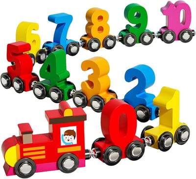 Houten Treinbaan - Cijfer Trein - Educatief Spel - Magnetisch - 12.8 x 12.2 cm - Meerkleurig