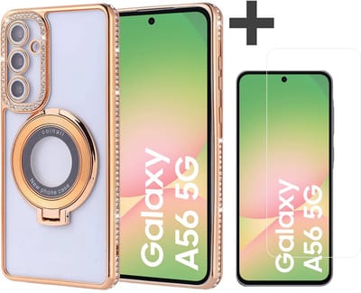 Hoesje met Ringhouder Geschikt voor Samsung Galaxy A56 met Diamant Glitters en Gehard Glas Screenprotector – Arara Backcover - Goud