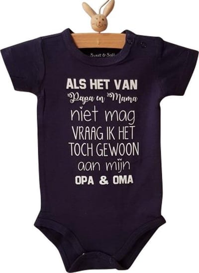Baby Rompertje blauw met tekst Als het van papa en mama niet mag vraag ik het toch gewoon aan mijn opa en oma | korte mouw | donkerblauw | maat 74-80 jongen meisje