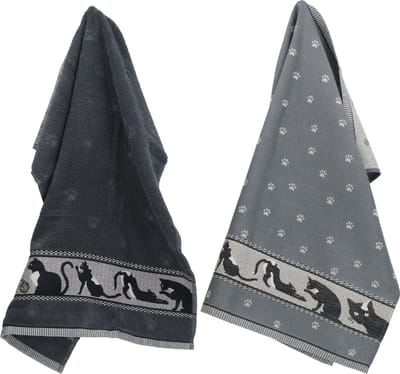 Luxe Keukendoek en Theedoek Kat Antraciet van Bunzlau Castle | 100% Biologisch Katoen | Keukendoek 60x53cm en Theedoek 65x65cm