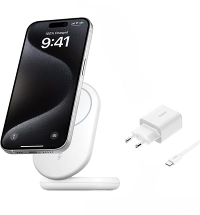 Belkin BoostCharge wireless charging stand - magnetic foldable with Qi2 - + AC power adapter - 15 Watt