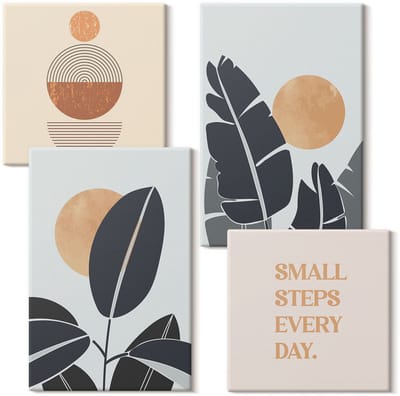Wallfluent Set van canvas schilderijen - Plantenpatronen met grote zonnen, minimalistische stijl Canvas Schilderijen Set - Set van 4 Canvas Schilderijen - Oranje Set van Canvas Prints - Achtergronden en patronen Canvas Kunst Set
