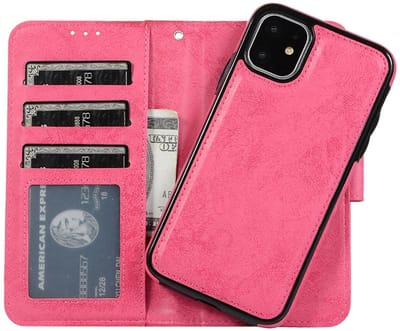 geschikt voor iPhone 12 Pro Max 2-in-1 Hoesje met Magnetische Backcover - Telefoonhoesje met vakjes voor pasjes - Inclusief polsbandje - Mobiq Magnetische 2-in-1 Wallet Case geschikt voor iPhone 12 Pro Max roze